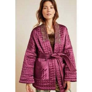 Anthropologie Satin Quilted Robe in Rich Plum